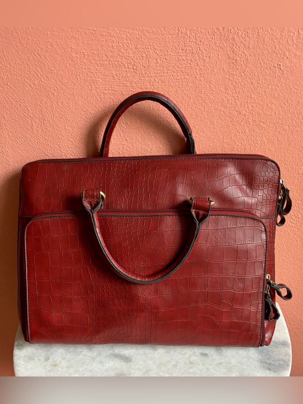 Bueno Red Croc-Embossed Leather Briefcase